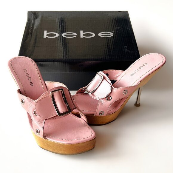 Bebe Galia Pink Leather Platform Sandals Size 6 Wood Base with Steel Heel 16350 - Picture 2 of 10